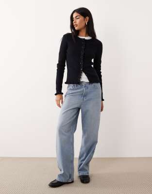 Mango Wool Mix Frill Edge Cardigan In Black