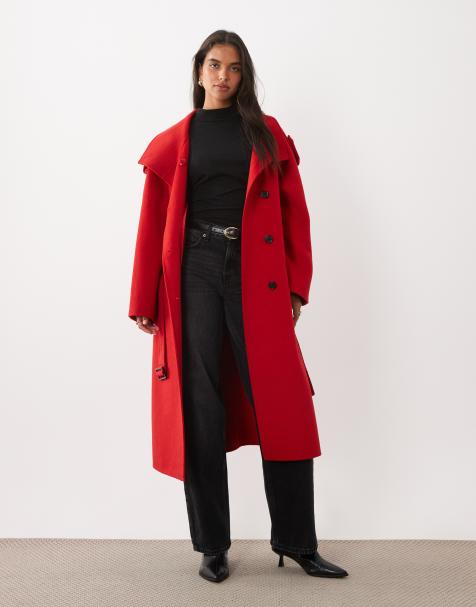 Mango wool mix funnel neck coat in red - view 1