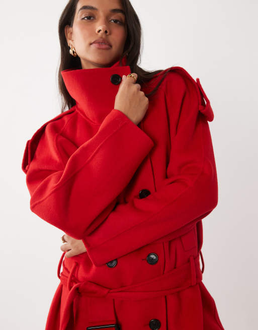 Mango wool mix funnel neck coat in red , 3 of 4