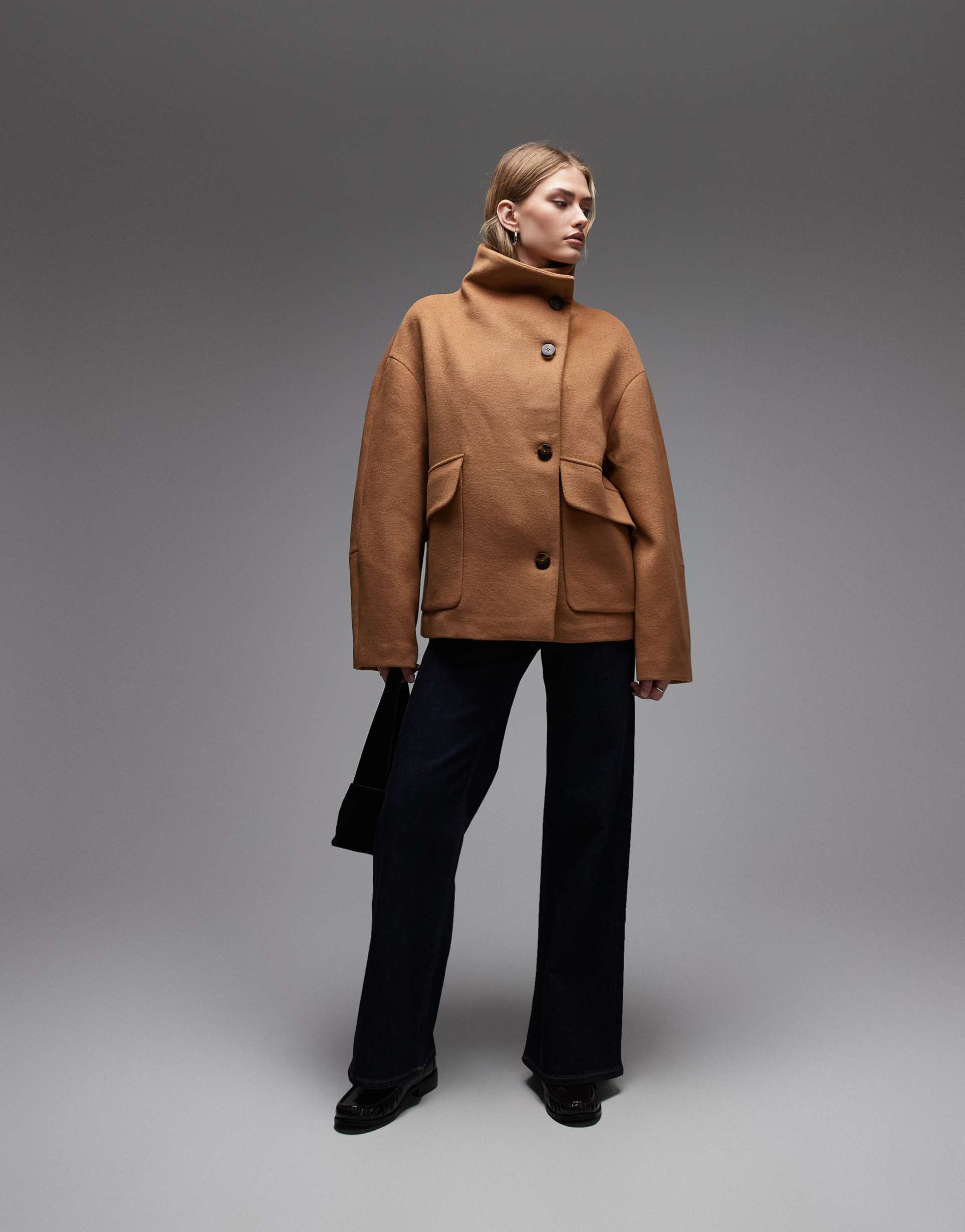 mango wool mix funnel neck jacket in tan