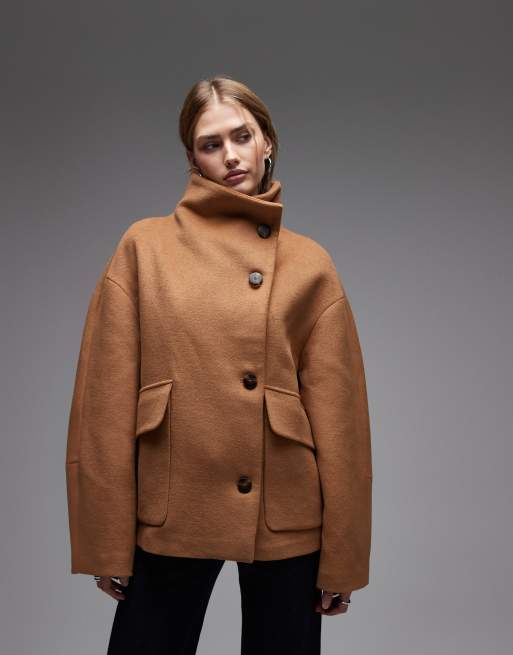 Mango wool mix funnel neck jacket in tan, 2 of 4