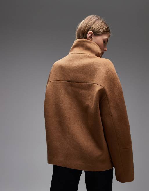 Mango wool mix funnel neck jacket in tan, 3 of 4