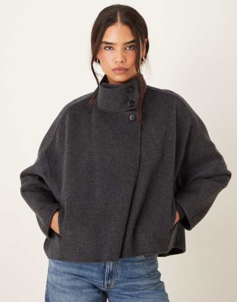 Mango wool mix funnel neck relaxed short jacket in charcoal - view 1