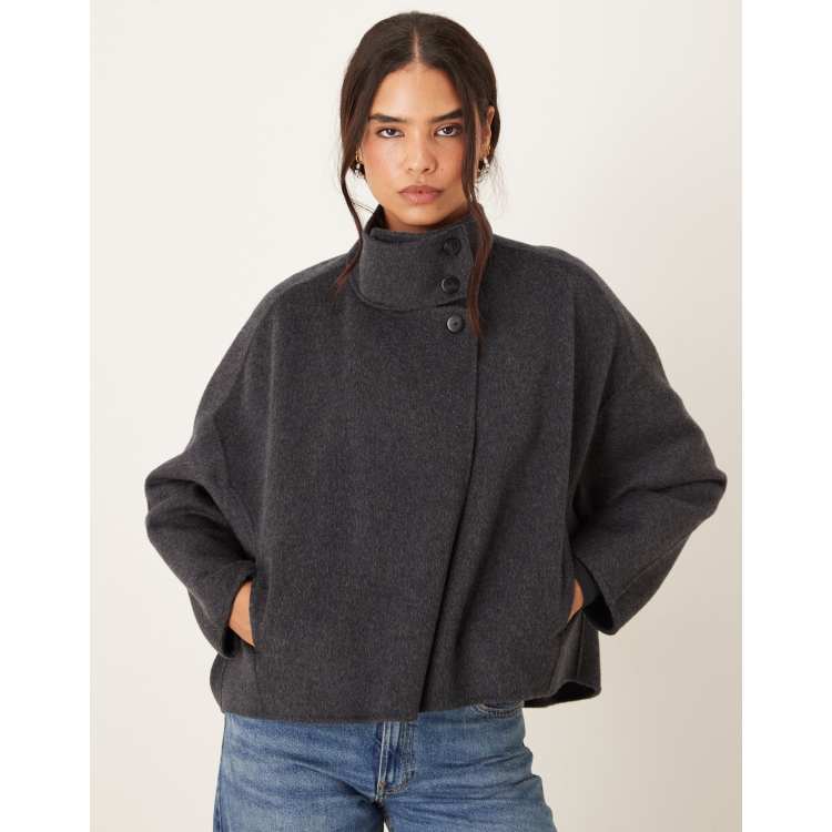Mango wool mix funnel neck relaxed short jacket in charcoal | ASOS
