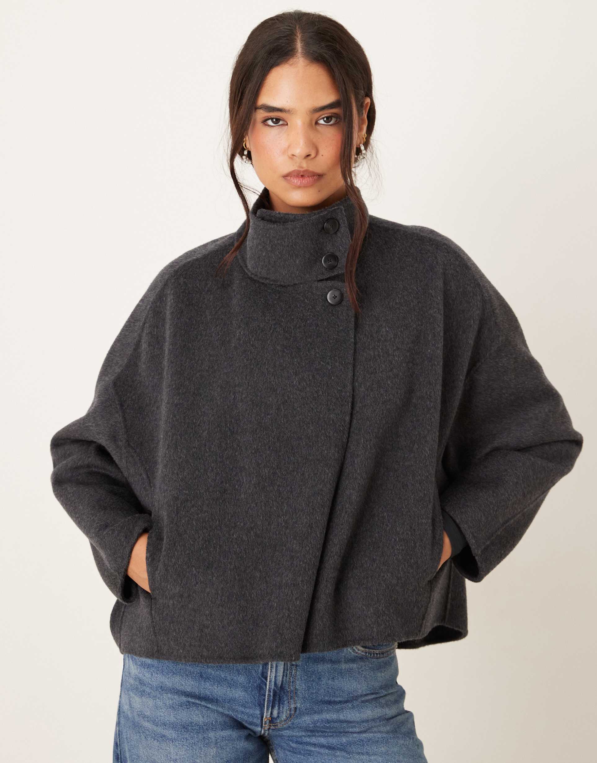mango wool mix funnel neck relaxed short jacket in charcoal