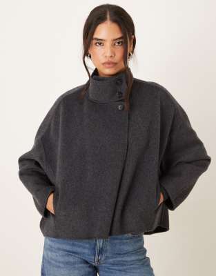 Mango Wool Mix Funnel Neck Relaxed Short Jacket In Blue