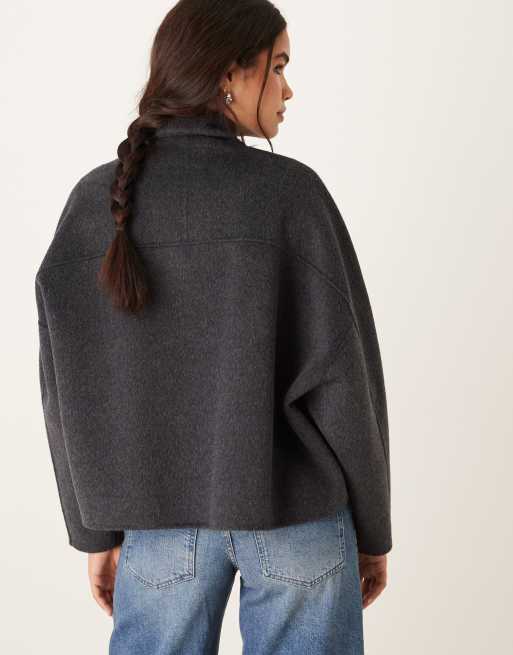 Mango wool mix funnel neck relaxed short jacket in charcoal, 3 of 4
