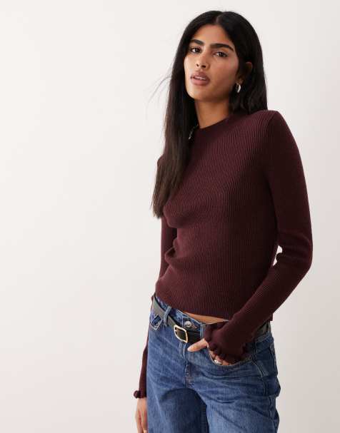 Mango wool mix high neck frill edge knit top in burgundy - view 1