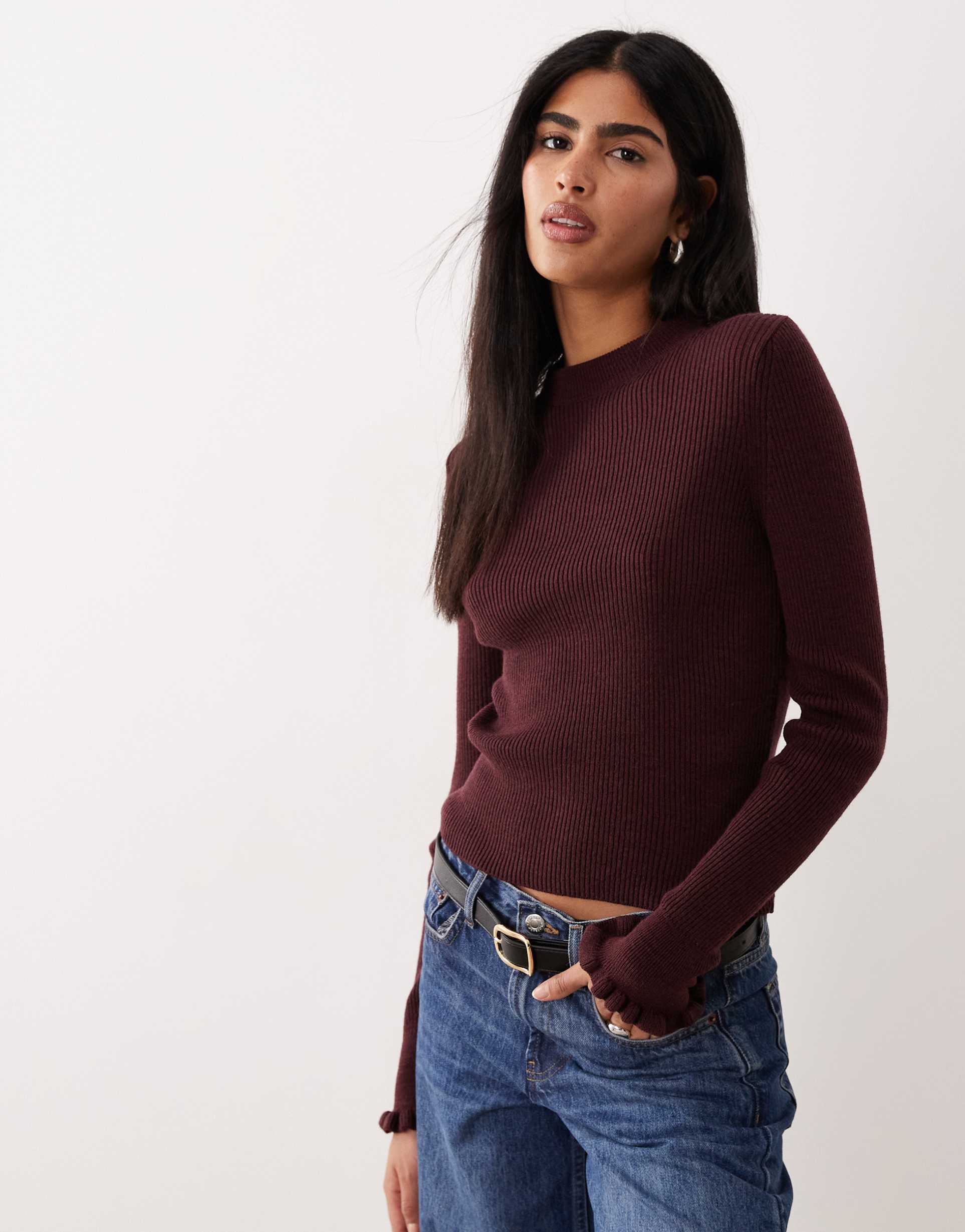 mango wool mix high neck frill edge knit top in burgundy