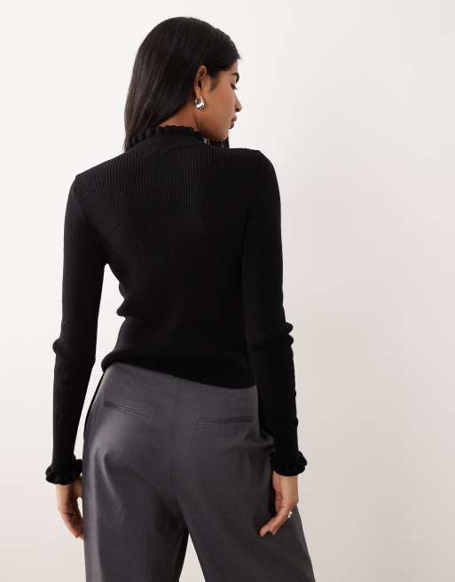 Mango wool mix high neck frill edge knitted top in black, 3 of 4