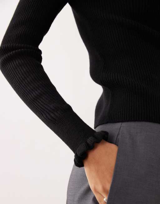 Mango wool mix high neck frill edge knitted top in black, 4 of 4