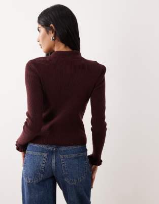 Mango Wool Mix High Neck Frill Edge Knitted Top In Animal Print