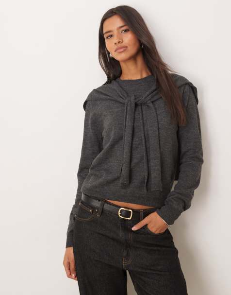 Mango wool mix jumper with detachable overlay in charcoal - view 1
