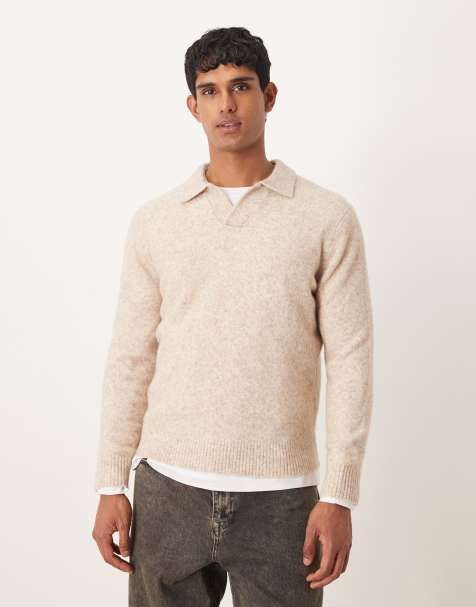 Mango wool mix knit polo shirt in ecru - view 1