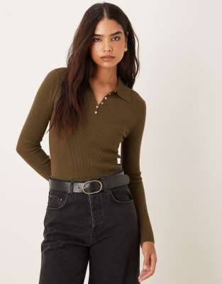 Mango Wool Mix Knit Polo Top In Green