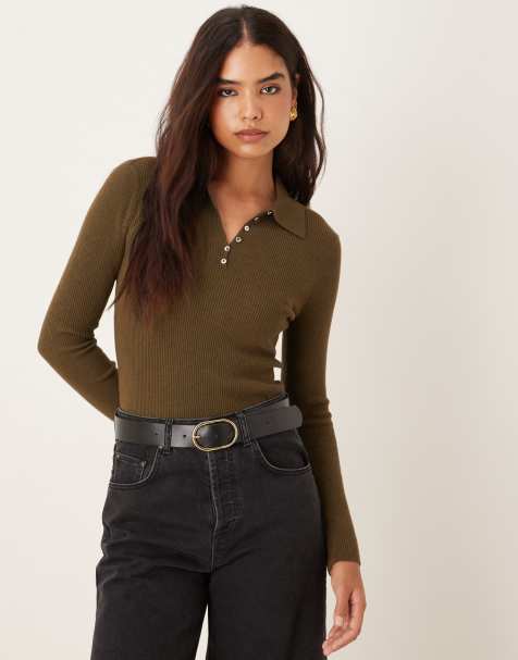 Mango wool mix knit polo top in khaki green - view 1