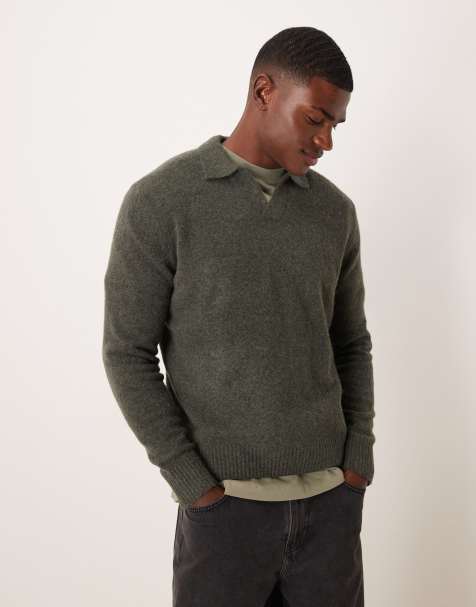 Mango wool mix knitted polo in khaki - view 1