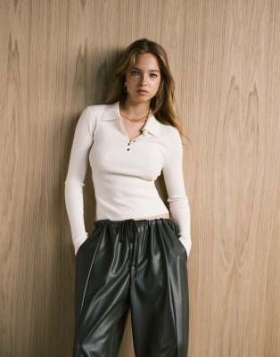 Mango Wool Mix Knitted Polo Top In Neutral