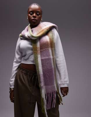 Mango wool mix large check scarf in green and pink