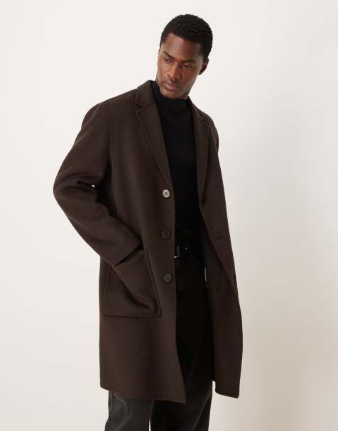 Mango wool mix long line coat with front pockets in brown - view 1