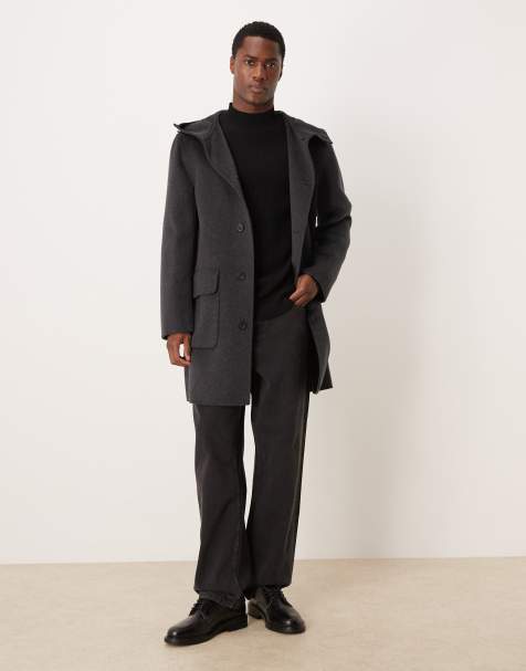 Mango wool mix long line relaxed fit coat with hood in charcoal - view 1