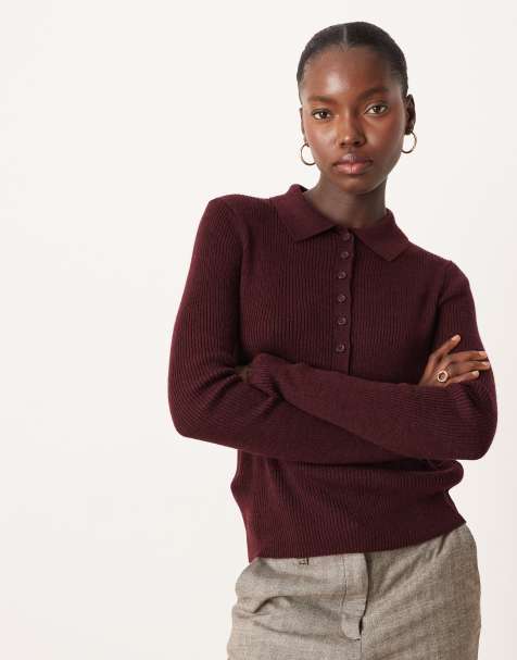 Mango wool mix long sleeve knitted polo top in burgundy - view 1