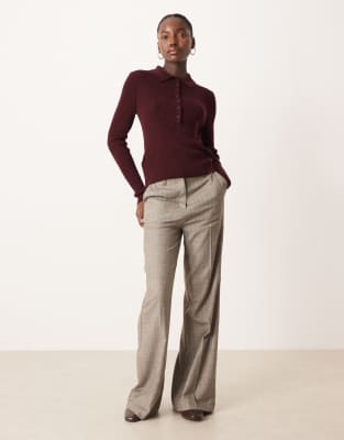 Mango Wool Mix Long Sleeve Knitted Polo Top In Brown