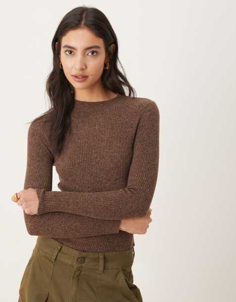 Mango wool mix long sleeve ribbed knit top in brown - view 1