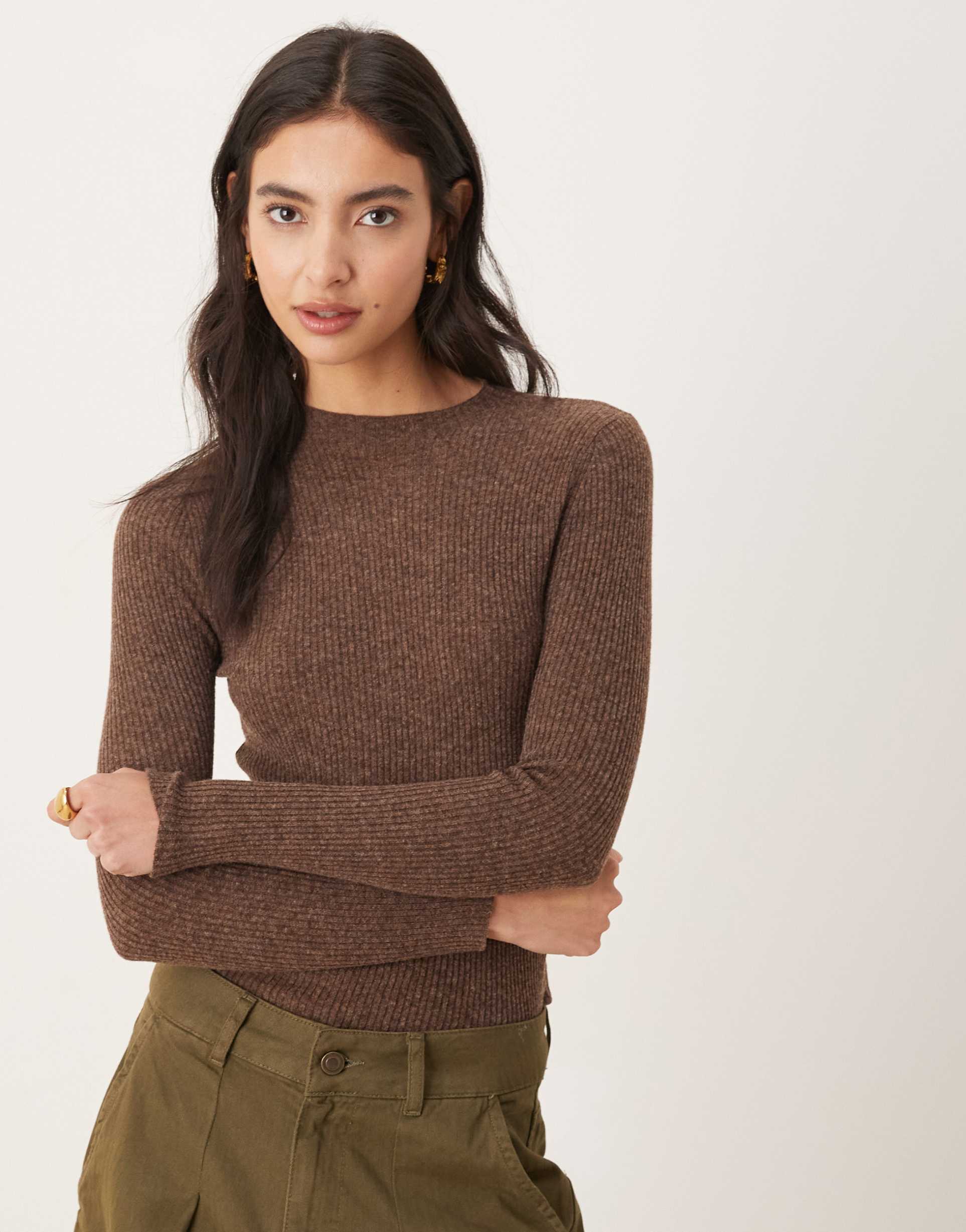 mango wool mix long sleeve ribbed knit top in brown