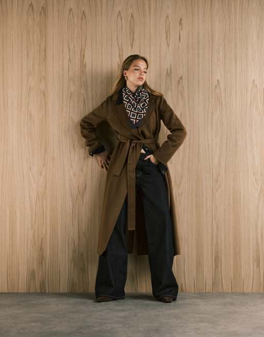 Mango wool mix longline tie waist coat in brown