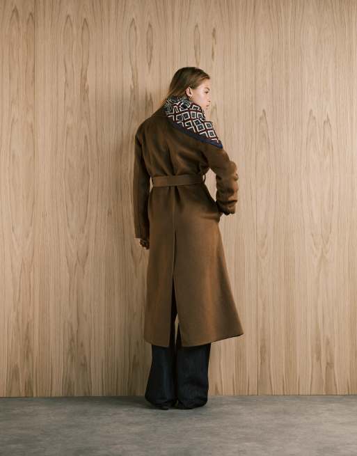 Mango wool mix longline tie waist coat in brown