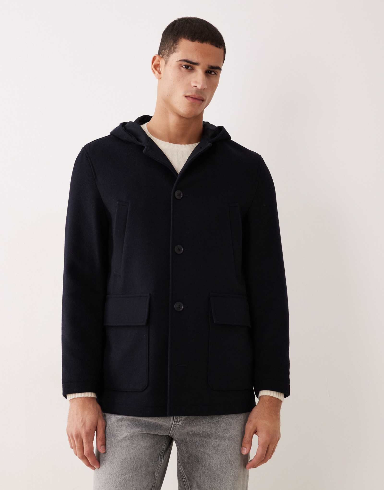 Пальто средней длины из смеси шерсти манго с капюшоном темно-синего цвета