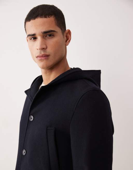Mango wool mix mid length coat with hood in navy, 4 of 5