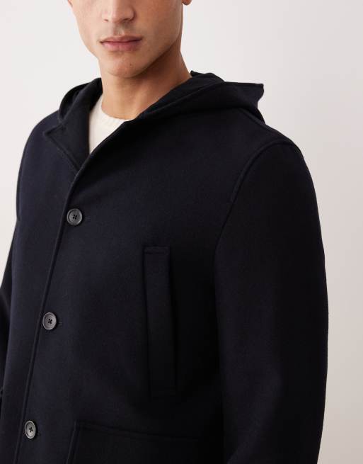 Mango wool mix mid length coat with hood in navy, 5 of 5