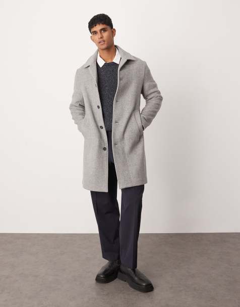 Mango wool mix mid length herringbone coat in grey - view 1