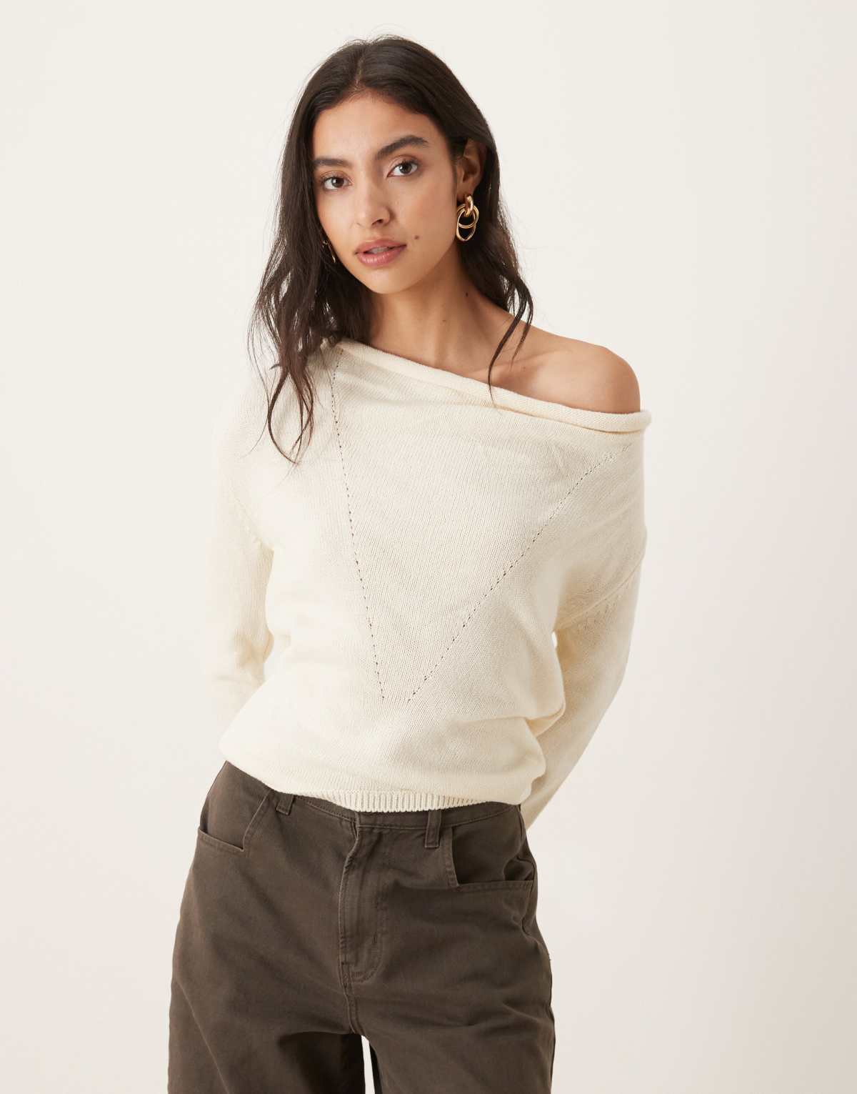 Mango wool mix one shoulder jumper in beige