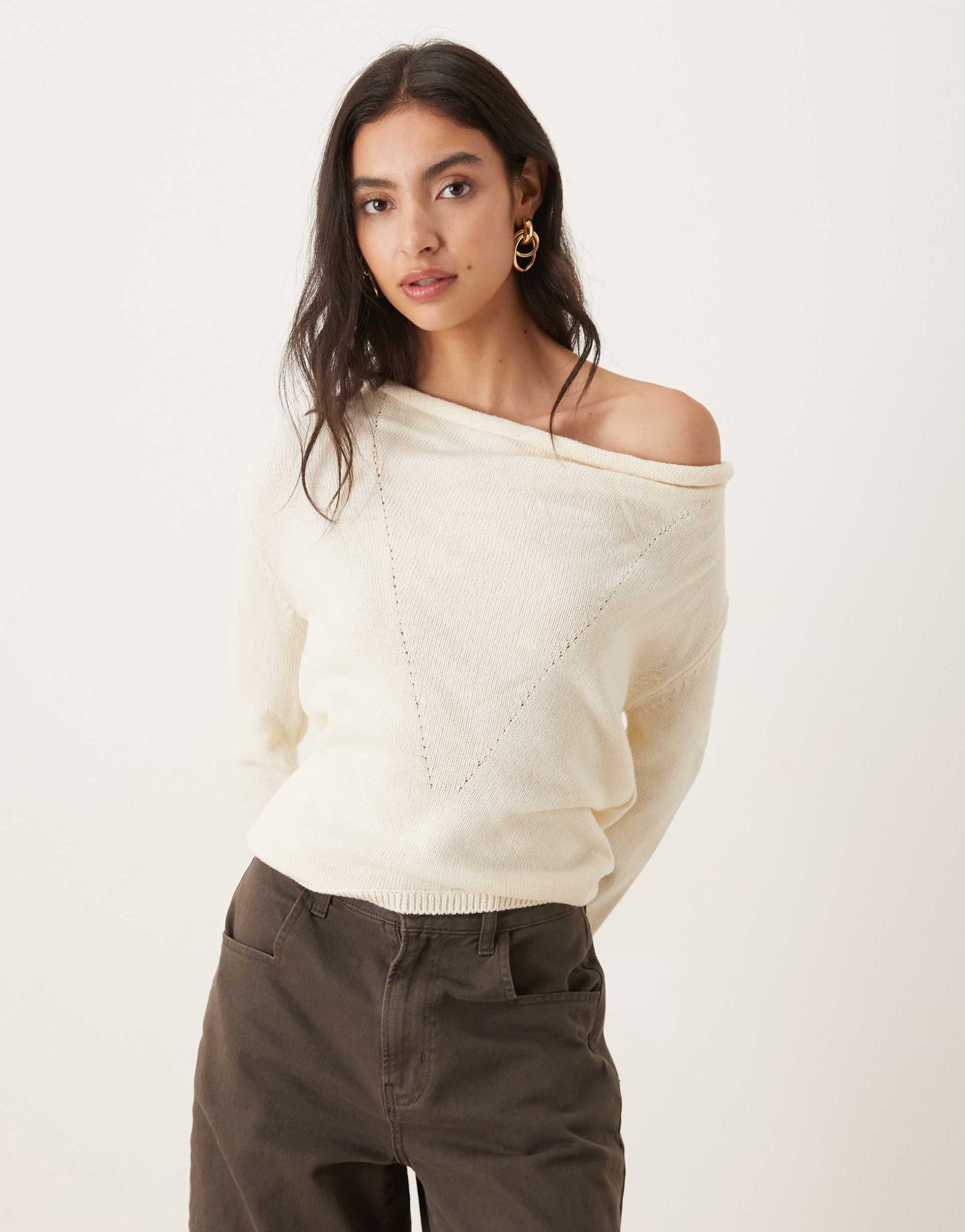 mango wool mix one shoulder sweater in beige