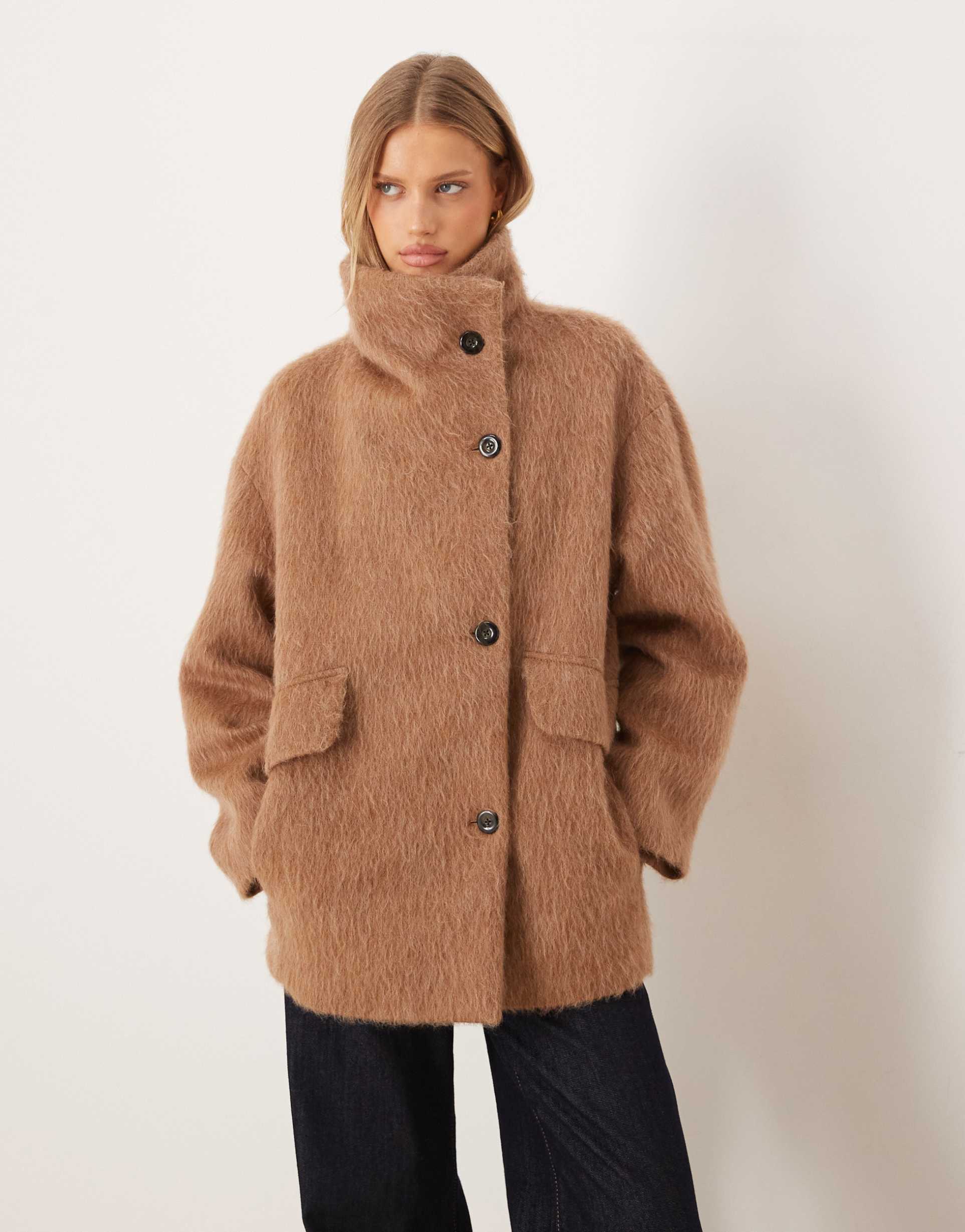 mango wool mix oversized jacket in light brown