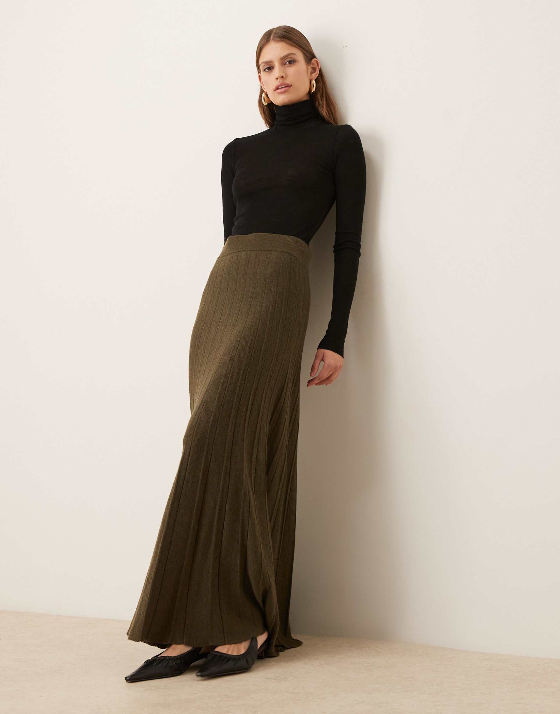 mango wool mix pleated maxi skirt in khaki