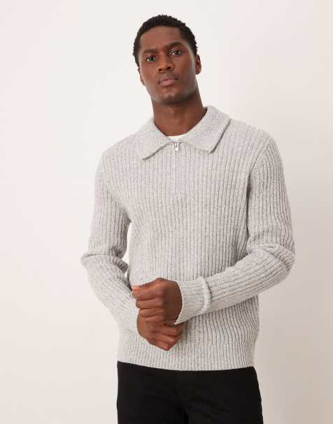 Mango wool mix quarter zip knitted polo in light grey