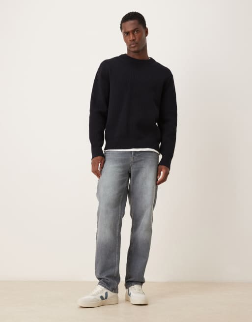 Mango wool mix relaxed fit ribbed jumper in navy, 2 of 5