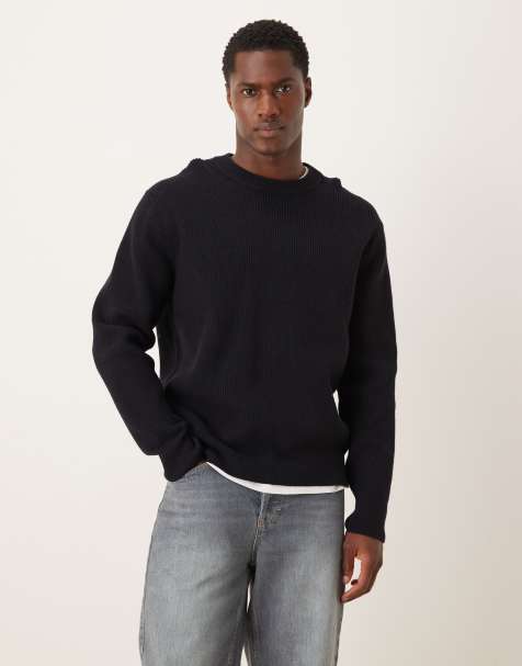 Mango wool mix relaxed fit ribbed sweater in navy - view 1