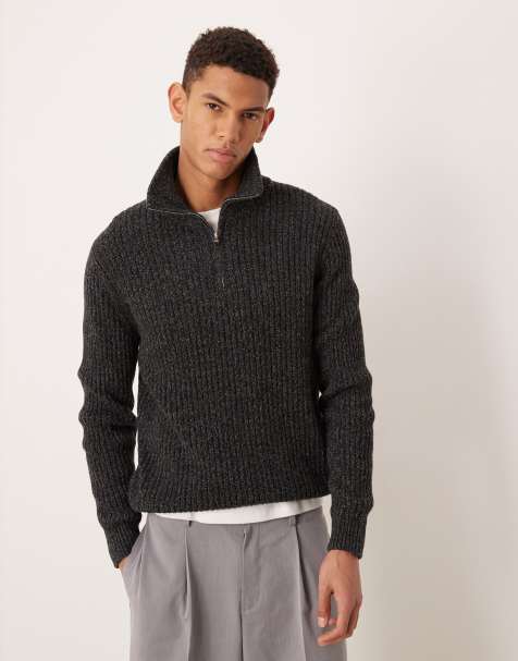 Mango wool mix salt and pepper quarter zip polo top in dark grey 
