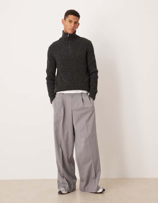 Mango wool mix salt and pepper quarter zip polo top in dark grey , 2 of 5