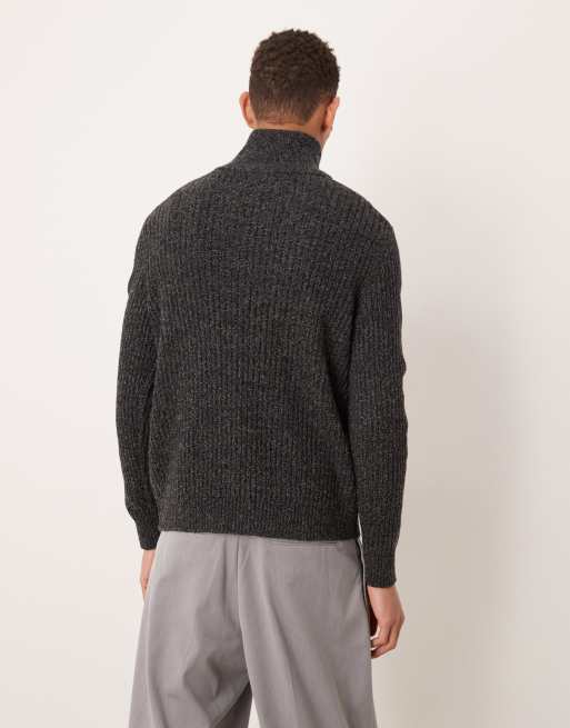 Mango wool mix salt and pepper quarter zip polo top in dark grey , 3 of 5
