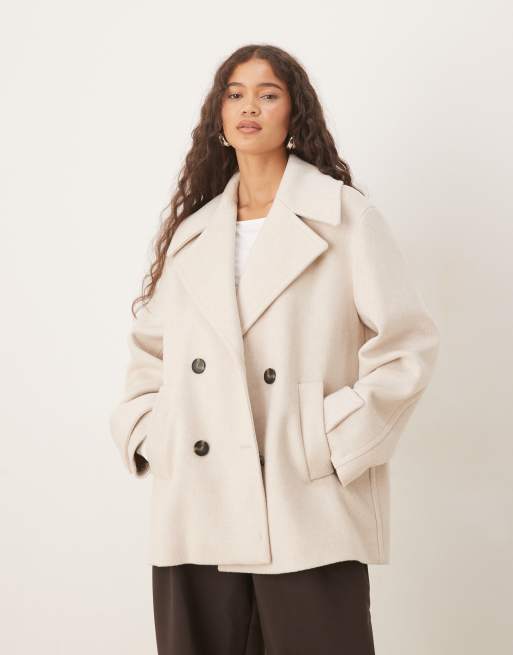 Mango wool mix short double breasted jacket in light grey ASOS