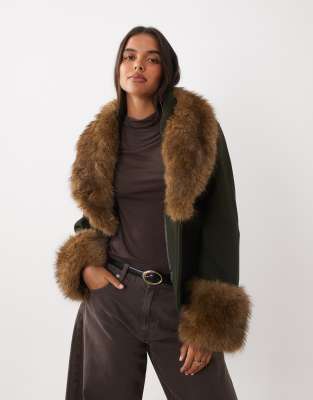 Mango Wool Mix Short Jacket With Faux Fur Trims In Brown