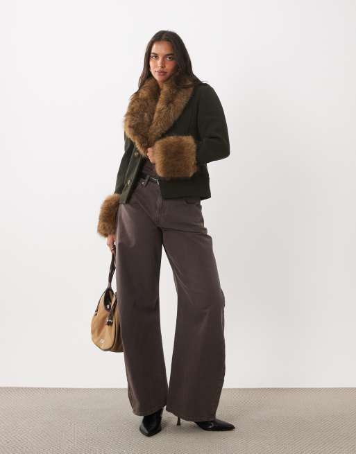 Mango wool mix short jacket with faux fur trims in khaki, 3 of 4