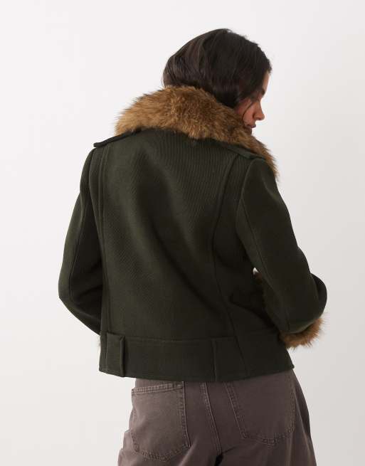 Mango wool mix short jacket with faux fur trims in khaki, 4 of 4