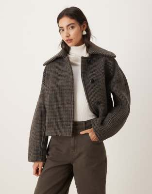 Mango Wool Mix Short Jacket With Oversized Collar In Brown